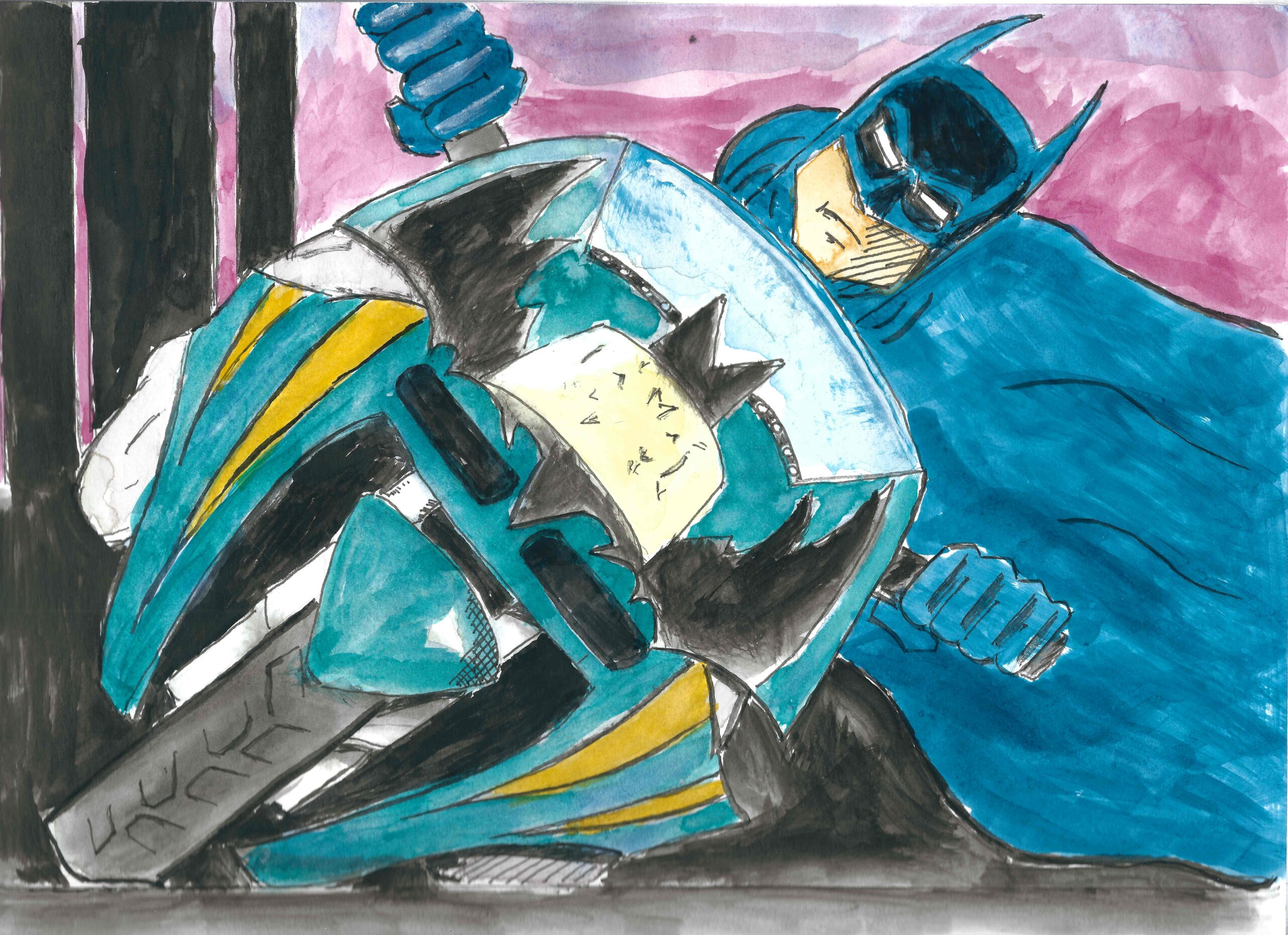 An original drawing of Batman riding a motorcycle.