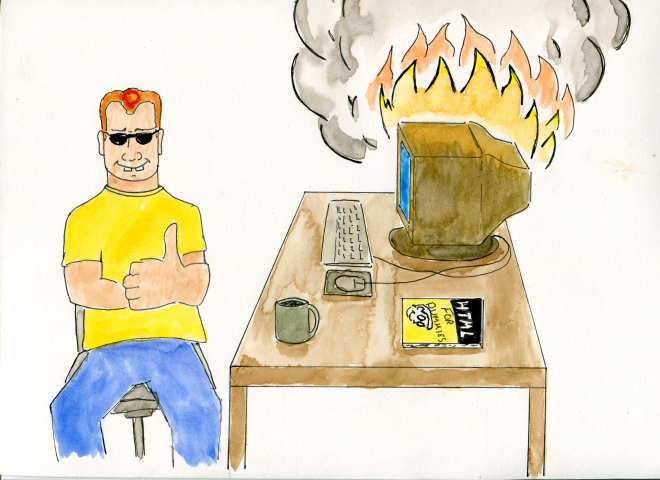 An original cartoon depicting a man sitting in front of a PC that is on fire with a book on how to code sitting on the desk.