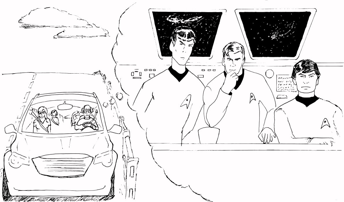 An original drawing depicting a dad driving a minivan imagining himself as Captain Kirk