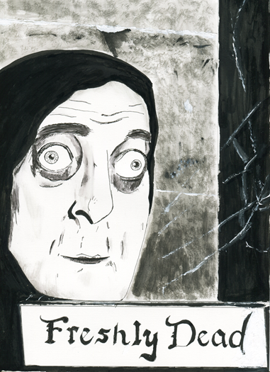 A drawing of Marty Feldman pretending to be a dead preserved head in the Mel Brooks movie Young Frankenstein