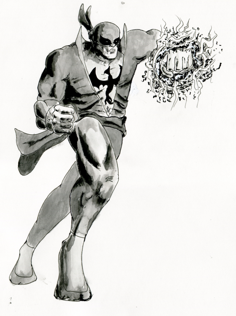 A black and white inkwash of Iron Fist.