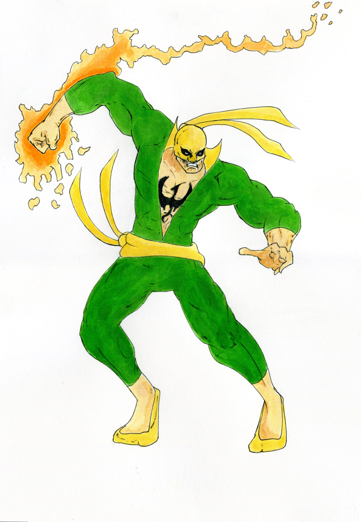 An original illustration of the character Iron Fist, done with ink on bristol