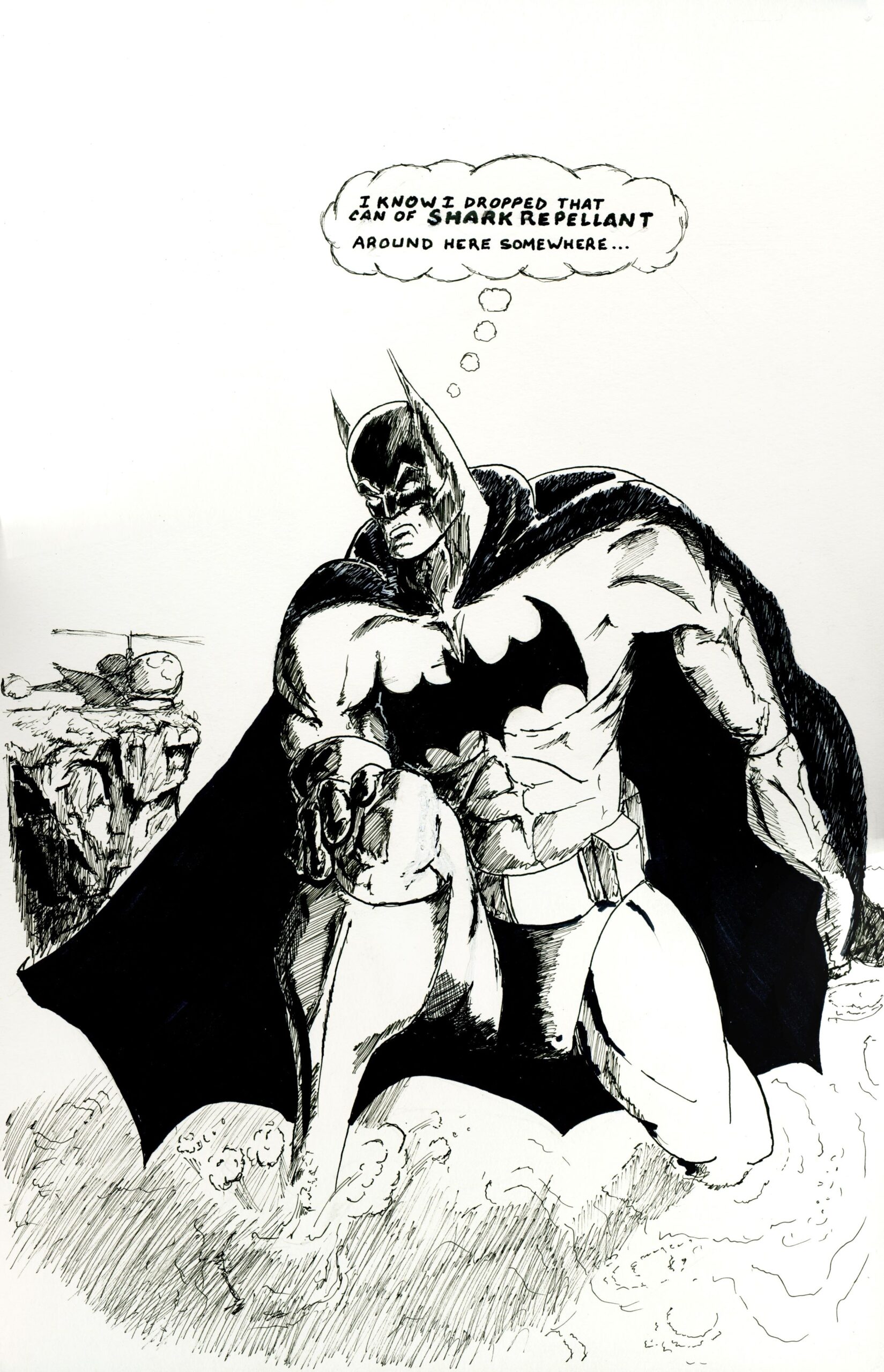 An original cartoon of Batman looking for the can of shark repellent he dropped.