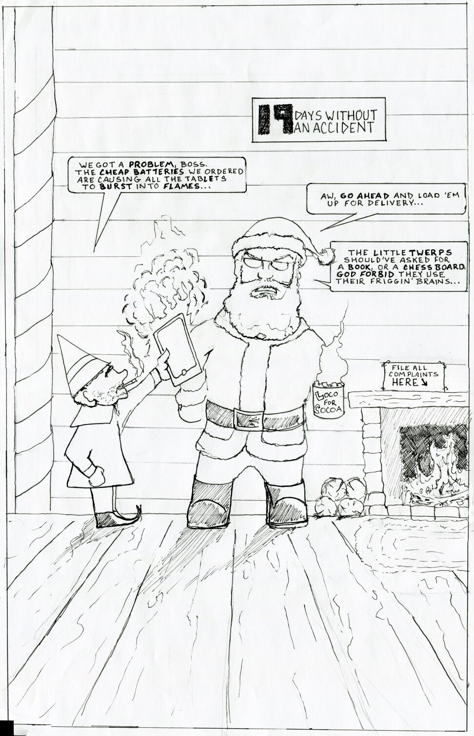 An original cartoon drawn for Christmas in 2024, pen on paper.